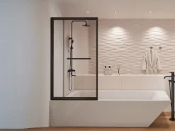 Vente-unique Pare baignoire coulissant noir mat avec porte serviette - 100x140 cm - WAIMEA