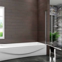 AICA Sanitaire Pare baignoire L.120 x H.140cm pivotant à 180 avec 2 étagères et porte-serviette - 6mm verre sécurit -Installation réversible