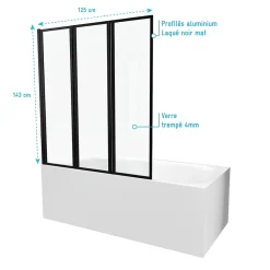 Pare-Baignoire|Aurlane Pare baignoire Pivotant 3 Volets Noir Mat - 125x143 cm - Verre Trempé 4 mm - ZAGGY DARK