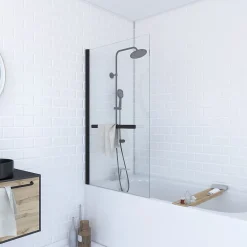 Pare-Baignoire|Aurlane Pare baignoire Pivotant avec Porte-Serviette 85x150cm - Profilé Noir - Verre 6mm - TSHAPE DARK