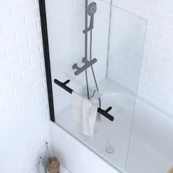 Pare-Baignoire|Aurlane Pare baignoire Pivotant avec Porte-Serviette 85x150cm - Profilé Noir - Verre 6mm - TSHAPE DARK