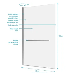 Pare-Baignoire|Aurlane Pare baignoire Pivotant avec Porte-Serviette 85x150cm - Profilé Chrome - Verre 6mm - TSHAPE CHROMED