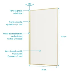 Pare-Baignoire|Galedo Pare baignoire pivotant l.80 x H.140 cm verre ondulé et profilés doré brossé, Edge