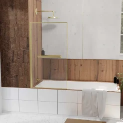 Pare-Baignoire|Galedo Pare baignoire pivotant l.80 x H.140 cm profilés doré brossé avec porte serviette et étagère, Edge