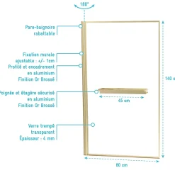 Pare-Baignoire|Galedo Pare baignoire pivotant l.80 x H.140 cm profilés doré brossé avec porte serviette et étagère, Edge