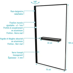 Galedo Pare baignoire pivotant l.75 x H.130 cm profilés noirs avec porte serviette et étagère, Edge