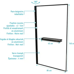 Galedo Pare baignoire pivotant l.80 x H.140 cm profilés noirs avec porte serviette et étagère, Edge
