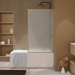 Aurlane Pare baignoire pivotant 140x80 cm HINATA - style Japandi géométrique - Cadre effet bois - Verre 5 mm