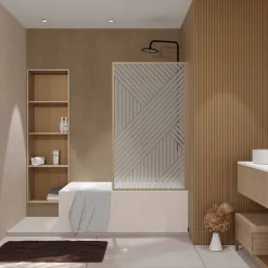 Aurlane Pare baignoire pivotant 140x80 cm HINATA - style Japandi géométrique - Cadre effet bois - Verre 5 mm