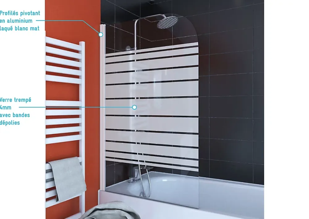 Aurlane PARE BAIGNOIRE PIVOTANT 130x75cm VERRE SERIGRAPHIE ET PROFILE ALUMINIUM BLANC