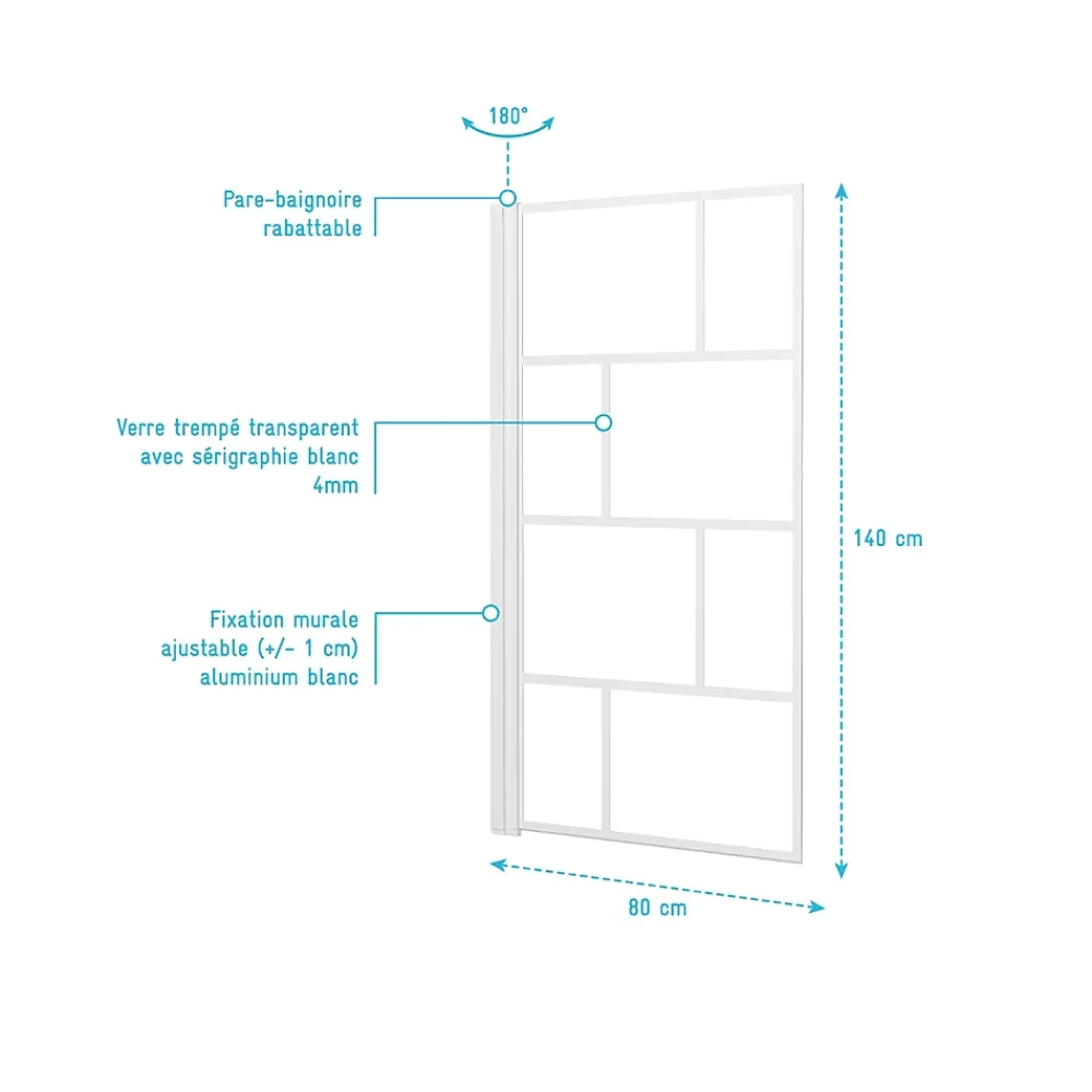 Aurlane Pare Baignoire Rabattable 80x140cm - Sérigraphie Briques Blanches - Verre Trempé 4mm