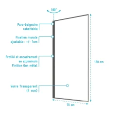 Aurlane Pare Baignoire Rabattable 75x130 cm - Aluminium Gun Metal et Verre Trempé 4 mm