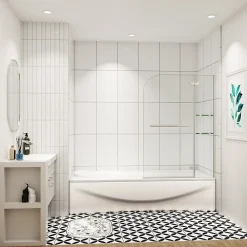 AICA Sanitaire pare baignoire 120x140cm paravent pivotant avec porte-serviette en inox et 2 étagères,5mm verre de sécurit,facile à pose