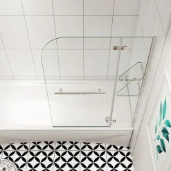 AICA Sanitaire pare baignoire 100x140cm paravent pivotant avec porte-serviette en inox et 2 étagères,5mm verre de sécurit,facile à pose