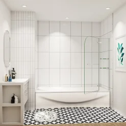 AICA Sanitaire pare baignoire 100x140cm paravent pivotant avec porte-serviette en inox et 2 étagères,5mm verre de sécurit,facile à pose