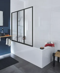 Schulte Pare-baignoire à coller pivotant 3 volets pliables, 127 x 140 cm, style verrière industrielle, verre transparent 3mm, profilé noir mat, Golf