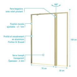 Pare-Baignoire|Galedo Pare-baignoire fixe avec volet pivotant 130+30 x 70 cm, profilés alu doré brossé, Golden Edge