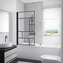 Schulte Pare-baignoire pivotant 1 volet, 80 x 140 cm, style verrière industrielle, verre transparent anticalcaire 5 mm, profilé noir mat, Atelier