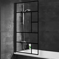 Schulte Pare-baignoire pivotant 1 volet, 80 x 140 cm, style verrière industrielle, verre transparent anticalcaire 5 mm, profilé noir mat, Atelier