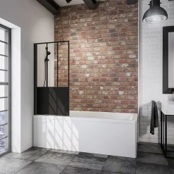 Pare-Baignoire|Schulte Pare-baignoire pivotant 1 volet, 80 x 140 cm, style verrière industrielle, verre transparent anticalcaire 5 mm, profilé noir mat, Loft