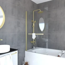 Galedo Pare-baignoire pivotant 150 x 85 cm, profilés alu doré brossé, porte-serviette, Prime