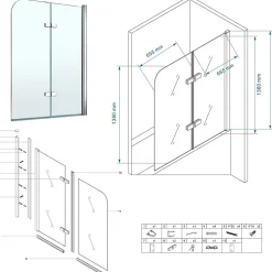 Pare-Baignoire|Saniverre Pare-baignoire rabattable BALY en verre 6 mm transparent 140 x 140 cm