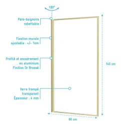 Galedo Pare-baignoire rabattable 140 x 80 cm, profilés alu doré brossé, Golden Edge