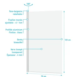 Pare-Baignoire|Galedo Pare-baignoire rabattable 120 x 70 cm, profilés alu blanc mat, Essentiel
