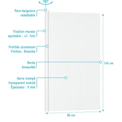 Pare-Baignoire|Galedo Pare-baignoire rabattable 140 x 80 cm, profilés alu blanc, verre ondulé, Wave