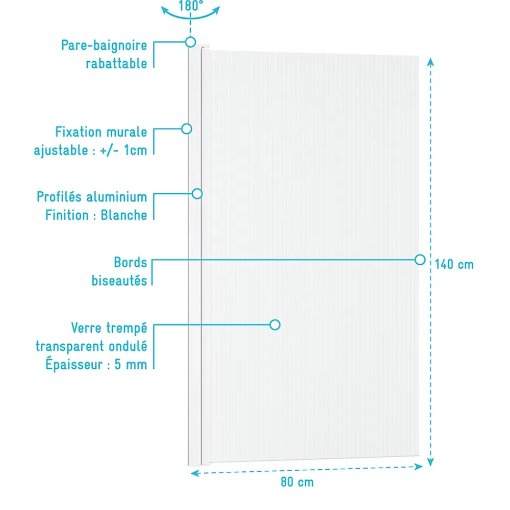 Pare-Baignoire|Galedo Pare-baignoire rabattable 140 x 80 cm, profilés alu blanc, verre ondulé, Wave