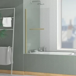 Galedo Pare-baignoire rabattable 120 x 70 cm, profilés alu doré brossé, porte-serviette, Essentiel