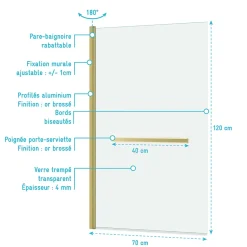 Galedo Pare-baignoire rabattable 120 x 70 cm, profilés alu doré brossé, porte-serviette, Essentiel