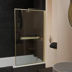 Pare-Baignoire|Galedo Pare-baignoire rabattable 130 x 75 cm, profilés alu doré brossé, porte-serviette/étagère, Golden Edge