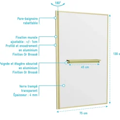Pare-Baignoire|Galedo Pare-baignoire rabattable 130 x 75 cm, profilés alu doré brossé, porte-serviette/étagère, Golden Edge