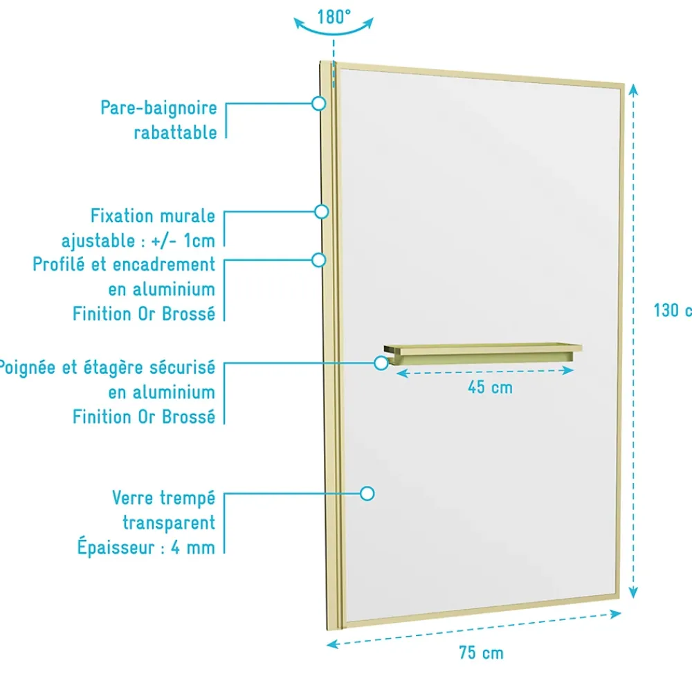 Pare-Baignoire|Galedo Pare-baignoire rabattable 130 x 75 cm, profilés alu doré brossé, porte-serviette/étagère, Golden Edge