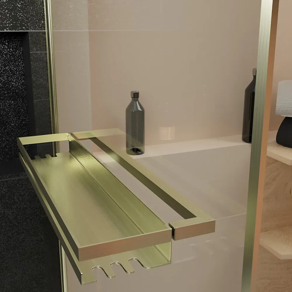 Pare-Baignoire|Galedo Pare-baignoire rabattable 130 x 75 cm, profilés alu doré brossé, porte-serviette/étagère, Golden Edge