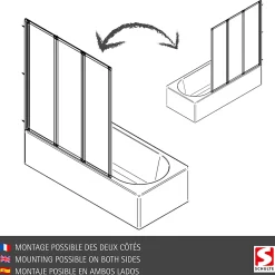 Schulte Pare-baignoire - 127x140 cm - réversible - rabattable - volet pivotant - verre 3 mm - transparent - alu nature