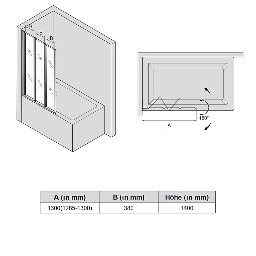 Sirhona Pare-Baignoire 1300x1400mm Ecran de Baignoire 3 Volets + 4mm Verre Transparent + Double Construction en Aluminium