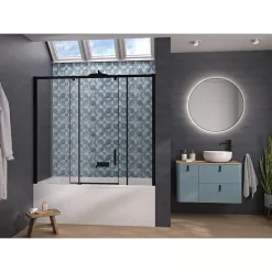 Pare-Baignoire|Kinedo Pare-bain Smart Design Pegasus coulissant pose entre 2 murs 180x148 gris noir grainé verre transparent partie fixe à gauche
