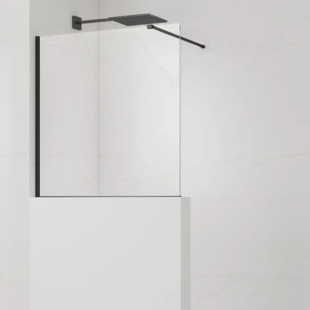 Swiss Aqua Technologies Pare-muret 110x100cm Paroi en verre Crystal Glass 8 mm anticalcaire, avec bras et profilés noir mat (SATBWIS110PRC)