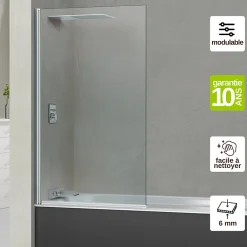 Superban Paroi de baignoire fixe + pivotant gauche en verre sécurité ép 6mm anti calcaire, L85 x H147 cm, chrome, Alsace Sport