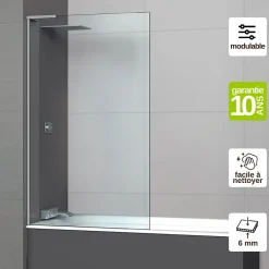 Pare-Baignoire|Superban Paroi de baignoire fixe en verre sécurité transparent ép 6mm anti calcaire, L100 x H147 cm, chrome, Mont Blanc E