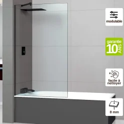 Superban Paroi de baignoire fixe en verre sécurité transparent ép 8mm anti calcaire, L110 x H147 cm, noir mat, Mont Blanc CC