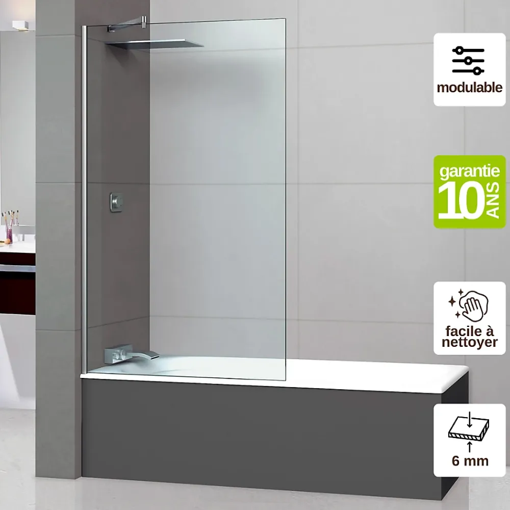 Pare-Baignoire|Superban Paroi de baignoire fixe en verre sécurité transparent ép 6mm anti calcaire, L100 x H147 cm, chrome, Mont Blanc CC