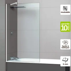 Pare-Baignoire|Superban Paroi de baignoire fixe en verre sécurité transparent ép 6mm anti calcaire, L110 x H147 cm, blanc brillant, Mont Blanc CC