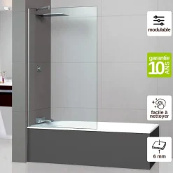 Superban Paroi de baignoire fixe en verre sécurité transparent ép 6mm anti calcaire, L120 x H147 cm, chrome, Mont Blanc CC