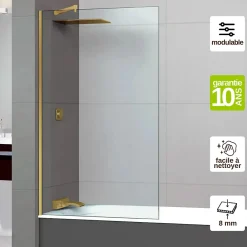 Pare-Baignoire|Superban Paroi de baignoire fixe en verre sécurité transparent ép 8mm anti calcaire, L120 x H147 cm, or brossé, Mont Blanc CC