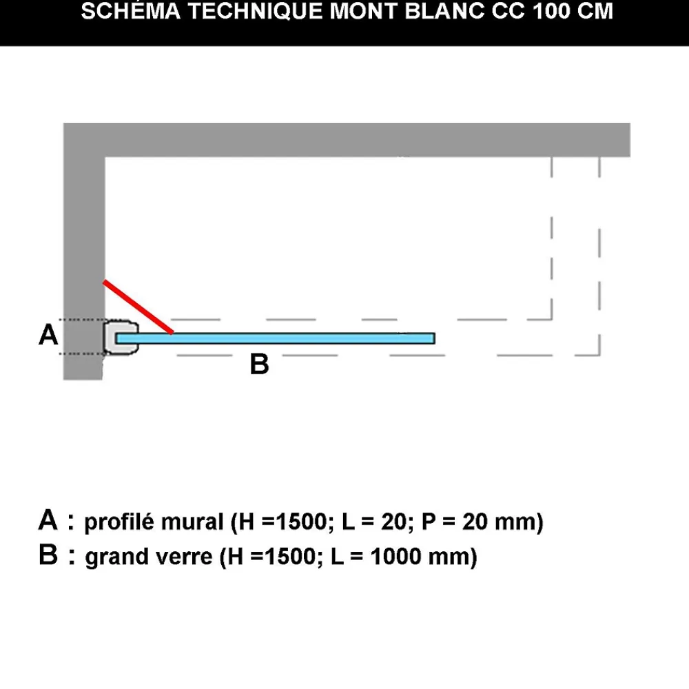 Pare-Baignoire|Superban Paroi de baignoire fixe en verre sécurité transparent ép 8mm anti calcaire, L100 x H147 cm, noir mat, Mont Blanc CC