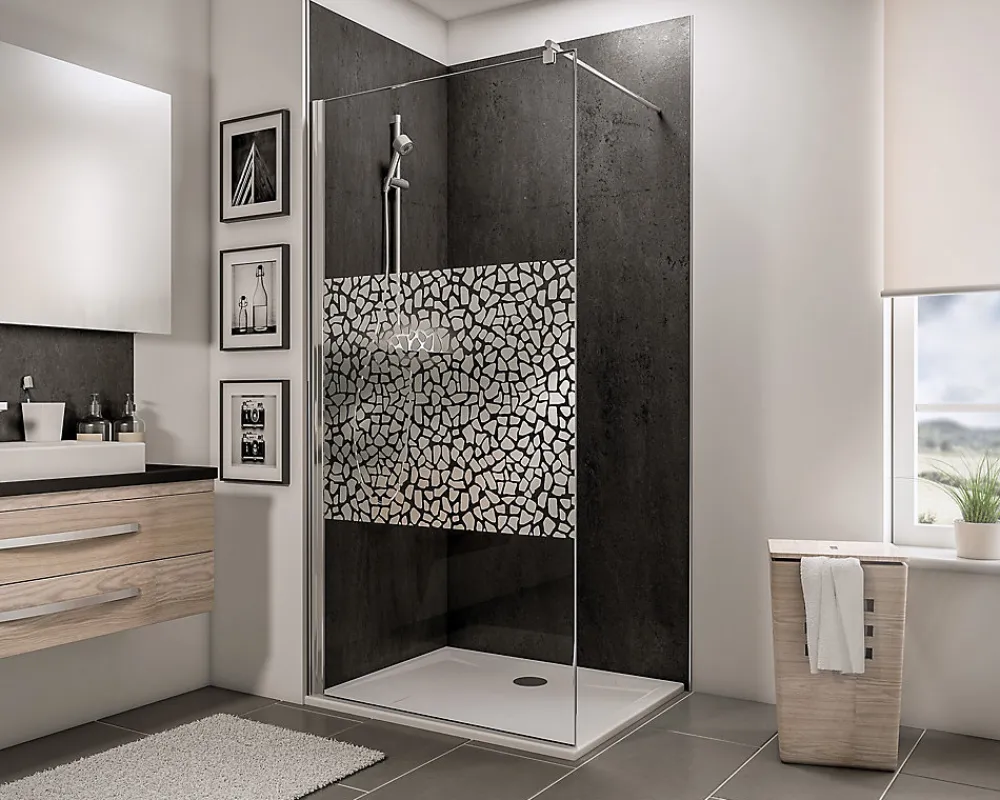 Paroi De Douche| Paroi de douche à l'italienne l.120xH.190cm, Walk In, verre transparent anticalcaire 6mm, décor Galets chromés, profilé chromé, Schulte NewStyle