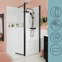 Paroi de douche à l'italienne fixe avec volet l.80+45 x H.195 cm, verre transparent, profilés alu noir, GoodHome Ledava